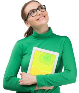 Person in green turtleneck and glasses holding a tablet with a yellow and green abstract screen, looking up and smiling. {{brizy_dc_image_alt imageSrc=