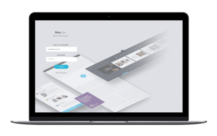 A laptop displays a login page with fields for email and password, a blue login button, and overlapping web interface elements in the background. {{brizy_dc_image_alt imageSrc=