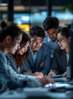 Five people in business attire collaborate on documents at a desk in a modern, well-lit office environment. {{brizy_dc_image_alt imageSrc=