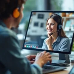 A man and a woman wearing headsets communicate through a video call on a computer, with the woman’s image visible on the monitor. {{brizy_dc_image_alt imageSrc=
