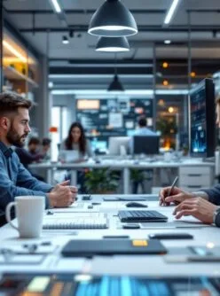 Modern office with people working at desks, using computers and paperwork, under bright lighting with digital screens and various office supplies visible. {{brizy_dc_image_alt imageSrc=