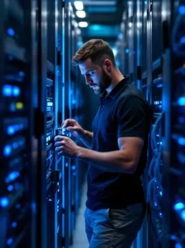 A man in a black polo shirt works on server equipment in a dimly lit data center with blue lights. {{brizy_dc_image_alt imageSrc=