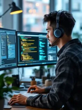 A person wearing headphones works at a desk with multiple monitors displaying code and software development tools in a modern office setting. {{brizy_dc_image_alt imageSrc=