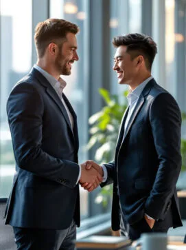 Two businessmen in suits shake hands and smile at each other in a modern office setting with large windows and indoor plants. {{brizy_dc_image_alt imageSrc=