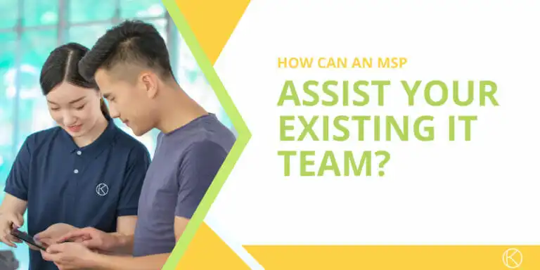 Two people look at a tablet together. Next to them, large text reads, “How can an MSP assist your existing IT team?” on a white and yellow background.