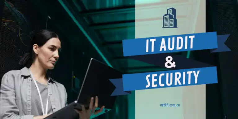 A woman holding a laptop stands in a server room next to a banner that reads "IT Audit & Security," highlighting the importance of IT Compliance in today's cybersecurity landscape.