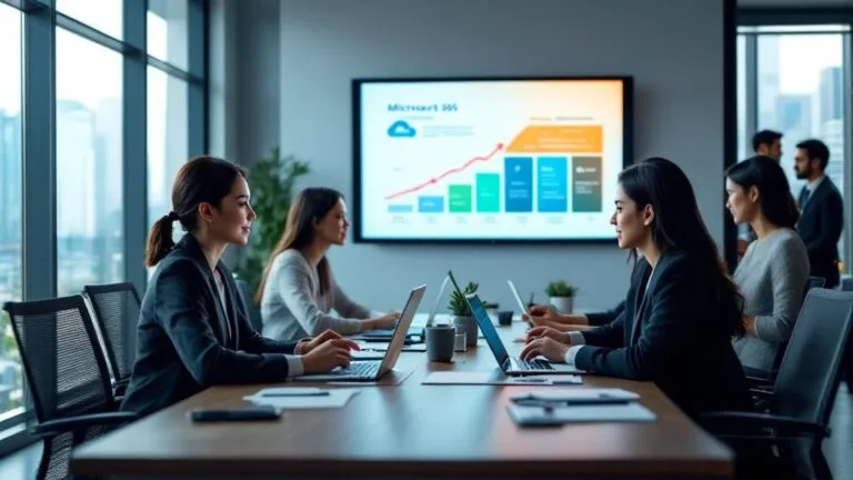 Business professionals sit around a conference table with laptops, discussing data displayed on a large screen showing a Microsoft 365 growth chart in a modern office setting.