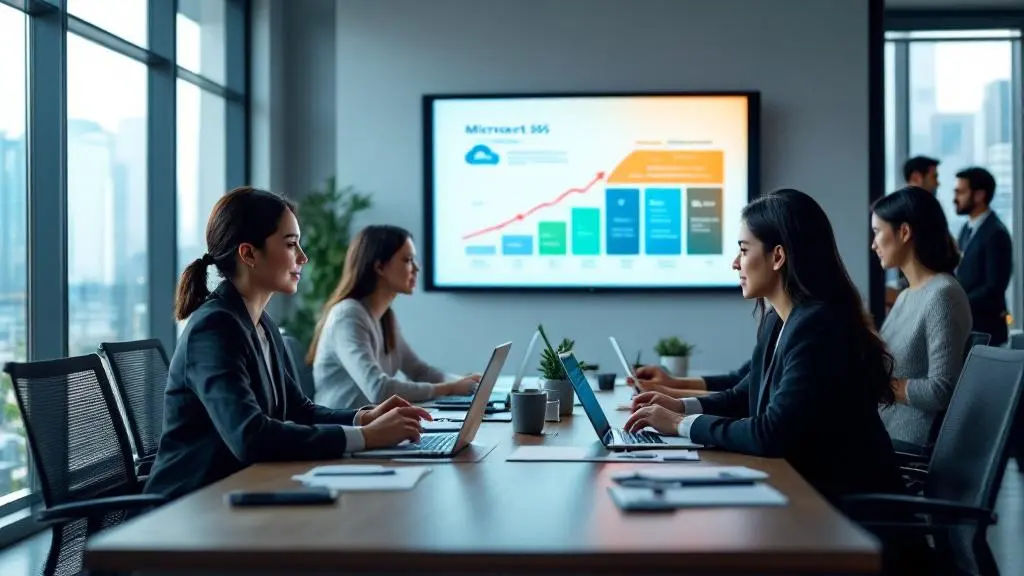 Business professionals sit around a conference table with laptops, discussing data displayed on a large screen showing a Microsoft 365 growth chart in a modern office setting.