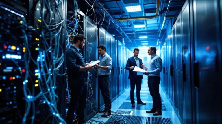 Four men review documents and inspect server racks in a brightly lit data center, with various cables and equipment visible throughout the room.