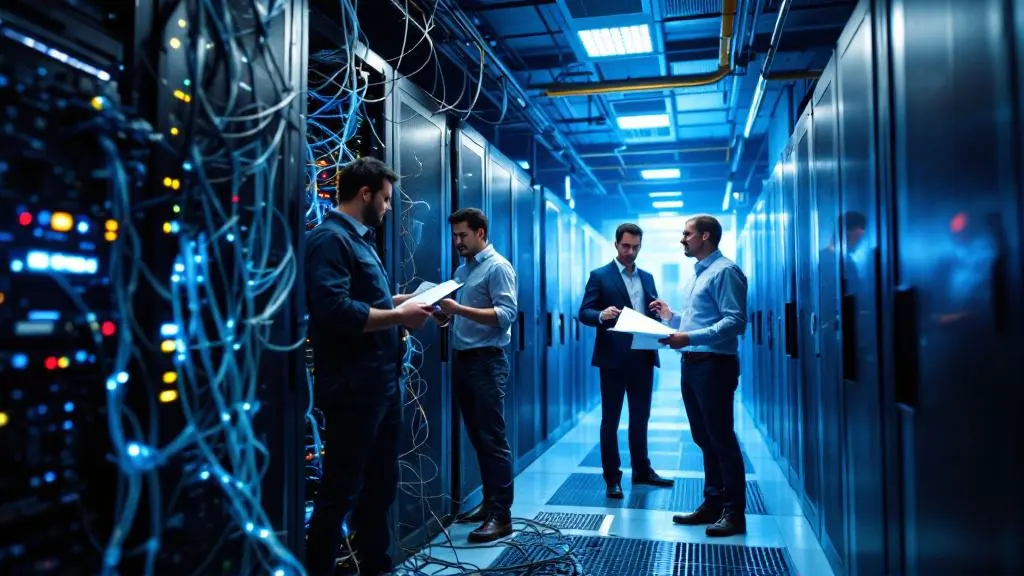 Four men review documents and inspect server racks in a brightly lit data center, with various cables and equipment visible throughout the room.