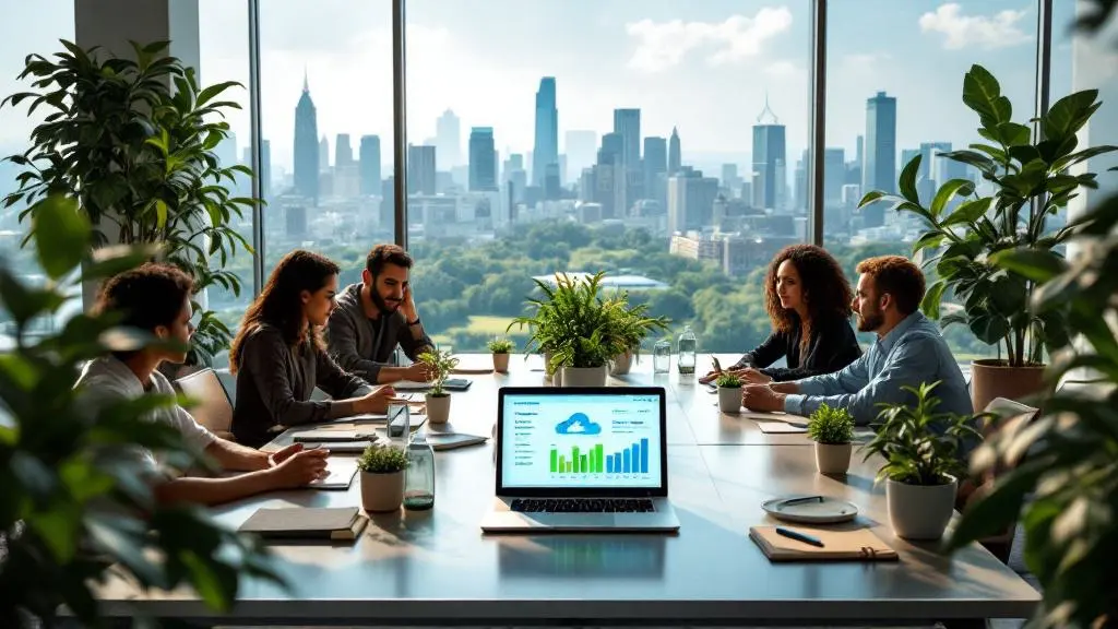 Six people have a meeting around a table with a laptop displaying charts, in a modern office with large windows overlooking a city skyline. Plants are placed around the room.