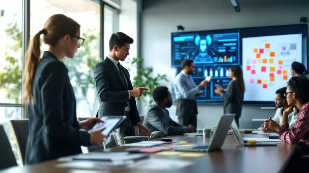 A group of business professionals collaborate in a modern conference room with laptops, sticky notes, and data displayed on large screens.