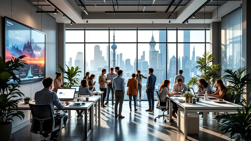 Modern office with large windows overlooking a city skyline; employees work at desks and gather for a meeting, with charts displayed on a large screen and plants around the room.