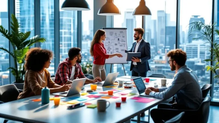 Five people in a modern office meeting room with laptops and documents, discussing a flowchart on a flipchart, with city buildings visible through large windows.