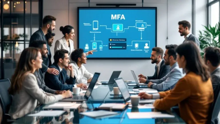 A group of professionals in a conference room listens to a presenter explaining multifactor authentication (MFA) using a diagram displayed on a large screen.