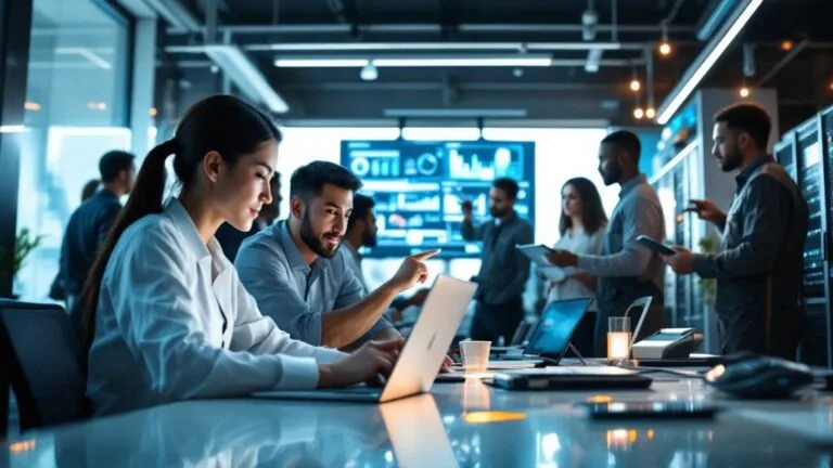 People work on laptops and discuss data in a modern office, with large digital screens displaying charts in the background.
