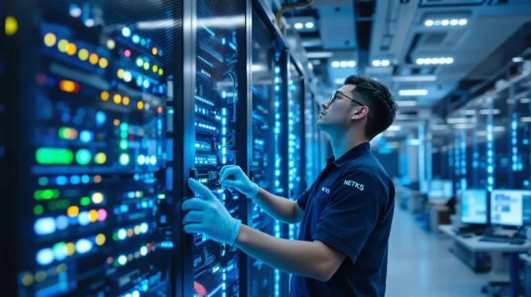 A technician wearing gloves inspects and adjusts servers in a brightly lit data center filled with racks of equipment and computer monitors.