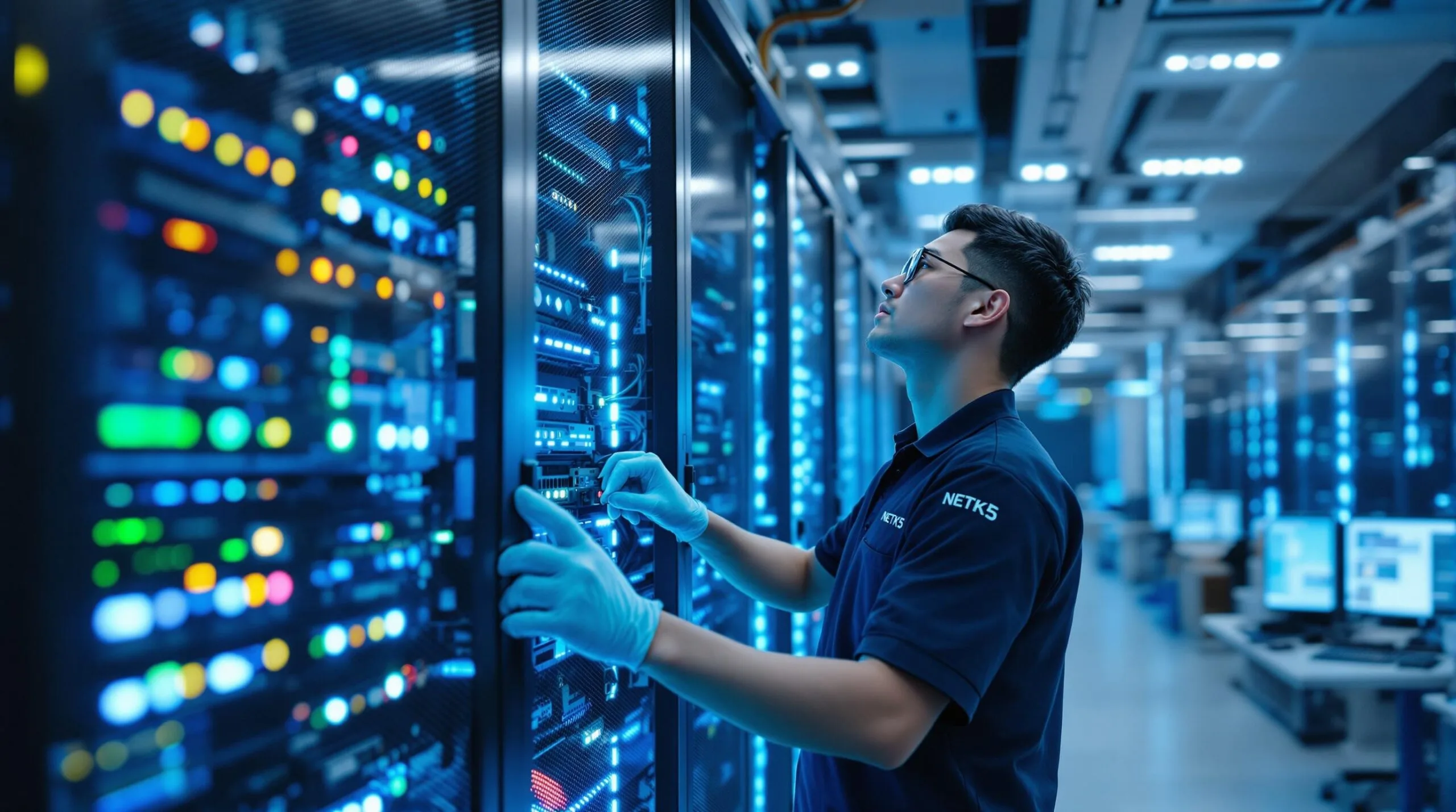 A technician wearing gloves inspects and adjusts servers in a brightly lit data center filled with racks of equipment and computer monitors.