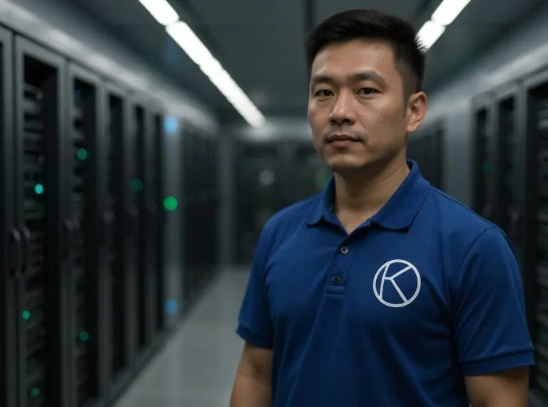A man wearing a blue polo shirt with a circular logo stands in a server room lined with black server racks.