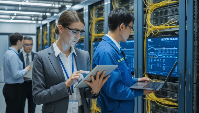 Four professionals work in a server room; two check data on digital devices while monitoring network health on display screens, surrounded by server racks and cables.