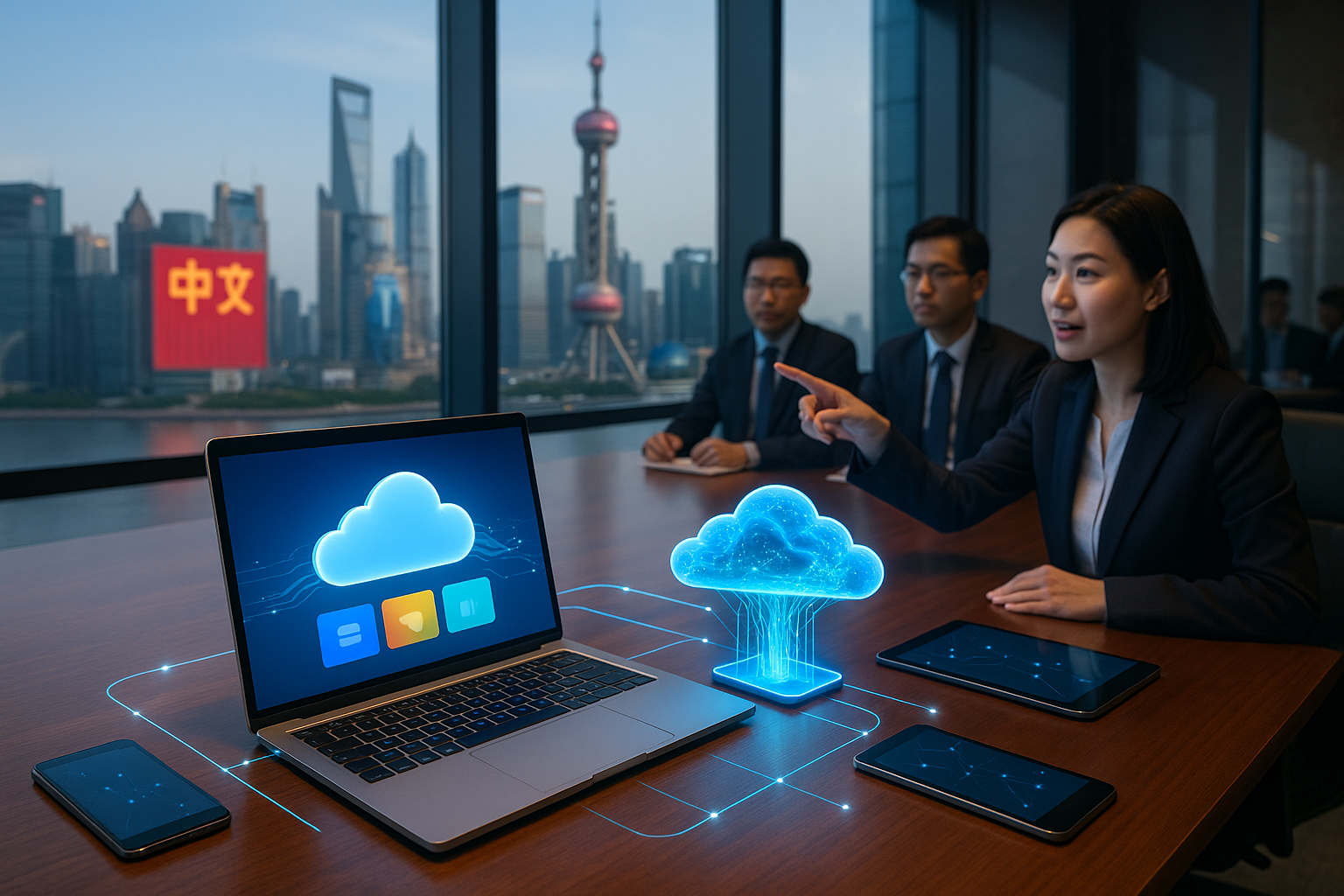 Business meeting in a high-rise office with laptops and tablets displaying cloud computing graphics, overlooking a city skyline with Chinese text on a building.